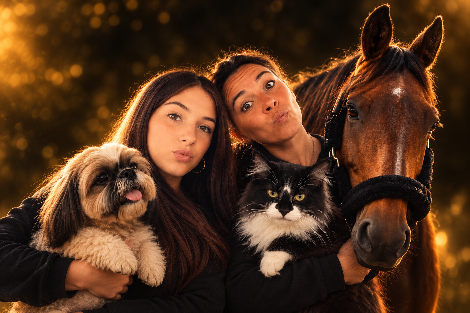 Carine et Valentine avec un chien, un chat et un cheval